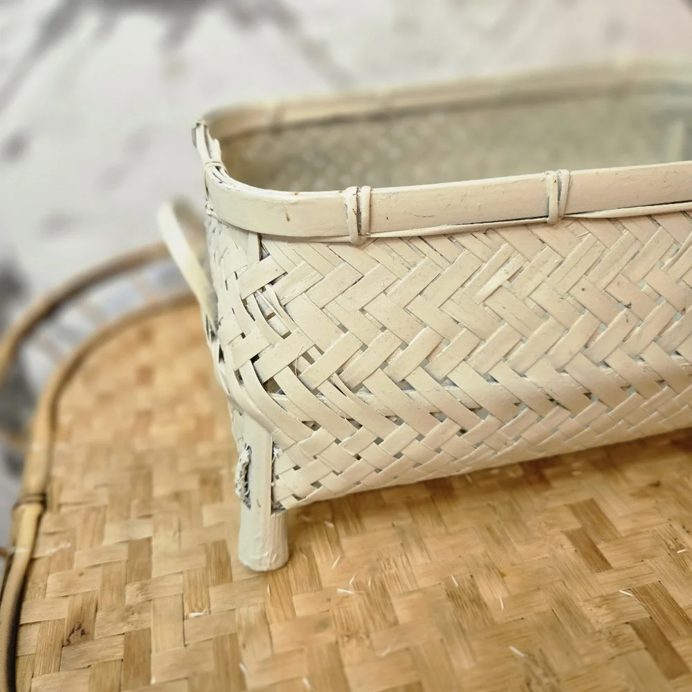 Vintage 1980's Bamboo Oval Rectangular Storing Decor Basket Cottage Coastal
